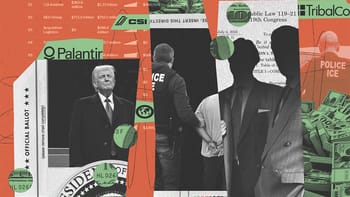 Collage of U.S. President Donald Trump, a ballot, money, an ICE agent with a handcuffed man, obscured men wearing suits, and ICE contractor logos.