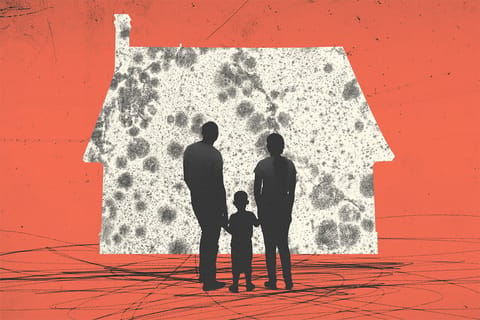 Collage of a family standing in front of a house covered in mold spores.