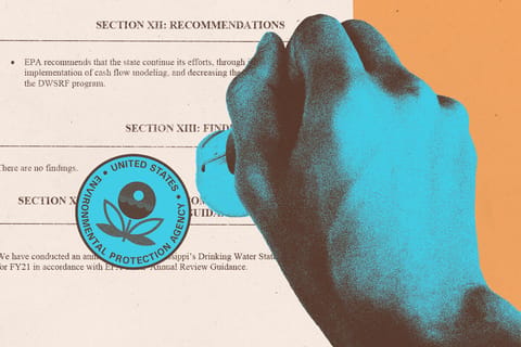 Collage of a hand stamping a document with the EPA seal.