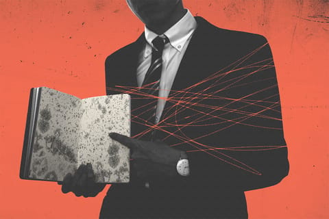 Collage of a man in a suit pointing at an open moldy book in his hands.