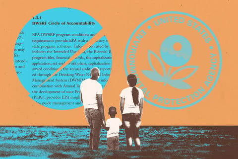Collage of a family standing in a pool of toxic water, staring at a circle with documents and the EPA logo.