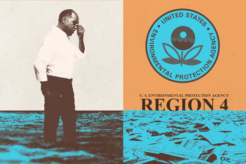 Collage of a sick man standing in toxic water, a sea of money, and a document with text: EPA Region 4.