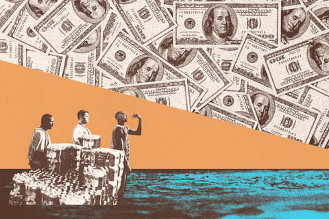 Collage of $100 bills and volunteers with a crate of water bottles standing in toxic water.