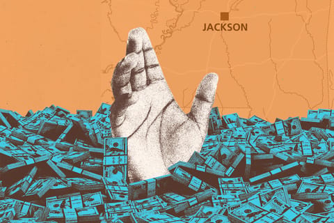 Collage of a hand drowning in a sea of money and the Mississippi map in the background.
