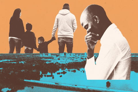 Collage of an aerial view of Jackson, Mississippi, a worried man, and a family.