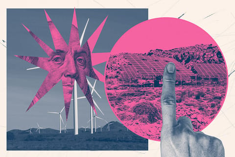 Collage of a finger pointing at a solar farm, a windmill farm, and a close-up of a hundred dollar bill.