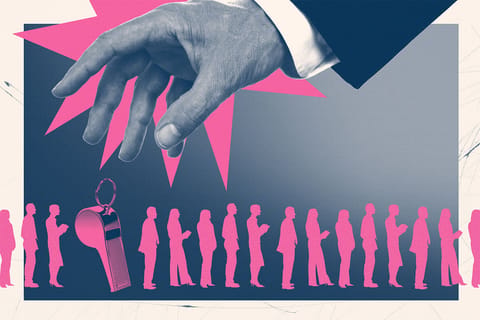 Collage of a hand reaching down to pick up a whistle that is in the middle of a line of employees.