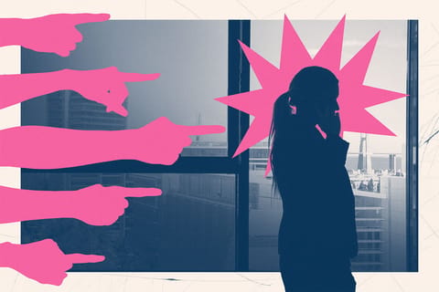 Collage of a group of hands pointing at an executive in the shadows.
