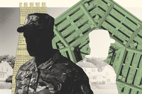 Collage of a U.S. Army soldier, the Pentagon, a silhouette of a soldier, and documents.