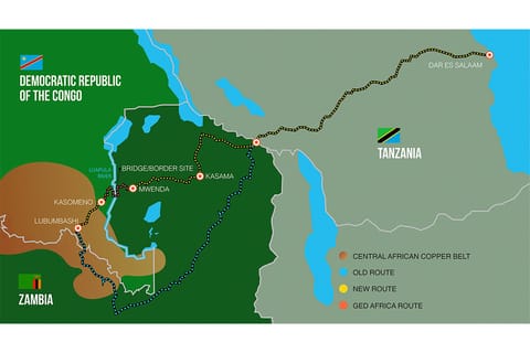 Map depicting two routes from Lubumbashi in the Central African Copper Belt to Dar es Salaam, Tanzania. The longer, existing route follows a circuitous path around Zambia's border. The shorter route, the new Kasomeno-Mwenda toll road, takes a more direct path to Tanzania.