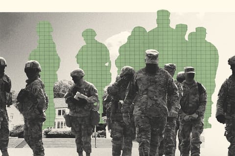Collage of a group of U.S. Army soldiers and a row of neighborhood houses.