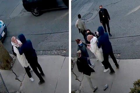 Two side-by-side screenshots of a sidewalk from a home security camera. Left: Rumeysa Ozturk's hands appear to be pinned in front of her by a man in a hoodie. Right: Ozturk attempts to speak with an agent. She is surrounded by five other people, who appear to be agents in plain clothing.