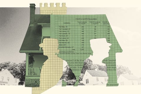 Collage of a house with documents, silhouettes of two U.S. Army soldiers, and a row of neighborhood houses.