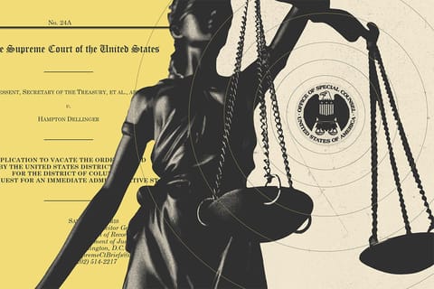 Collage of Lady Justice statue, the Office of Special Counsel logo, and court documents.