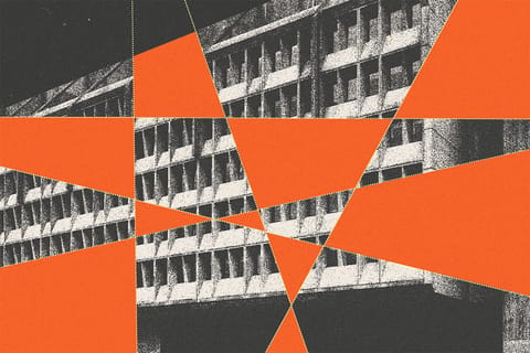 Collage of the HHS building with cuts and shapes.