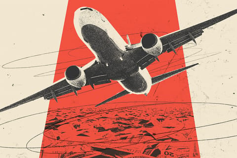 Collage of an airplane flying over a sea of money.