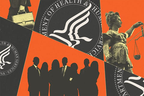 Collage of cuts and shapes containing a man holding a briefcase, a group of employees, a statue holding scales, and the HHS logo.