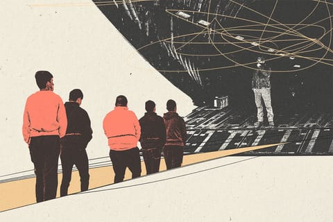 Collage of a line of men wearing ankle shackles walking towards an airplane and into a chasm in the floor.