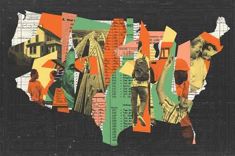 Collage of paper clippings covering the U.S. map. The clippings contain imagery of houses, a bridge, a doctor and patient, money, workers, students, a bus, a grandparent and grandkid, and census related documents.