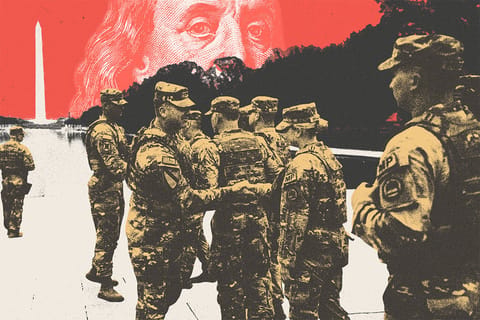 Collage of National Guard soldiers walking on the National Mall. In the background, Benjamin Franklin's eyes watch them.