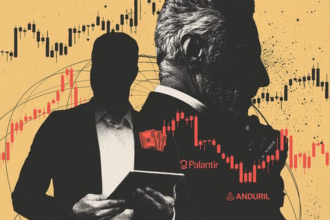 Collage of two obscured men wearing suits, stock charts, and logos for Anduril and Palantir.