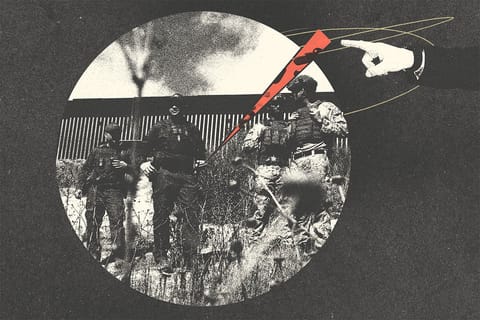Collage of a photo of CBP agents in the shape of a pie chart. A hand points at a tiny red sliver of the pie chart.