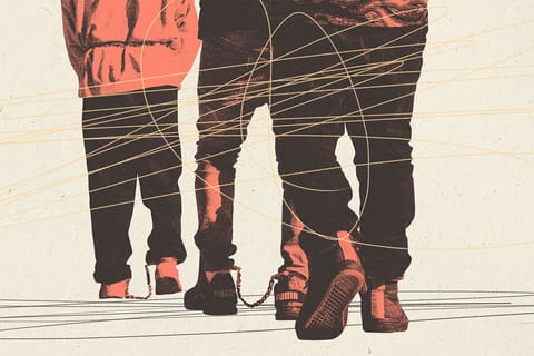 Collage of a close-up of people walking with ankle shackles and energetic scribbles.