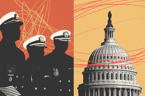Collage of  the Capitol building, the silhouette of military senior officers, and scribbles.