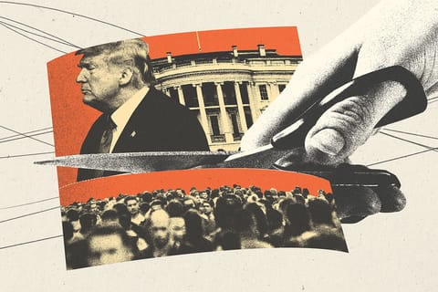 Collage of a big hand and scissors cutting a photo in half. Top half: U.S. President Donald Trump and the White House. Bottom: A crowd of people.