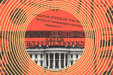 Collage of concentric circles honing in on the White House and money.