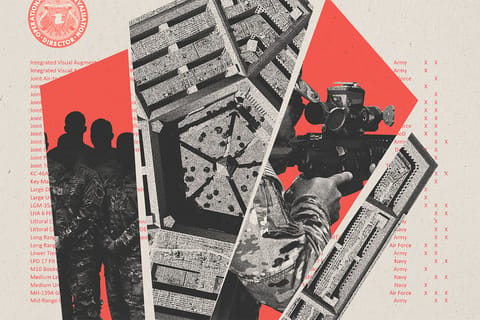 Collage of a clipping of a DOT&E document and seal, and pieces of the Pentagon containing images of troops and a soldier aiming a XM7 rifle.