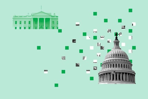 Collage of the White House, the U.S. Capitol, and between them, square bits and pieces cut up from a flat hundred dollar bill.