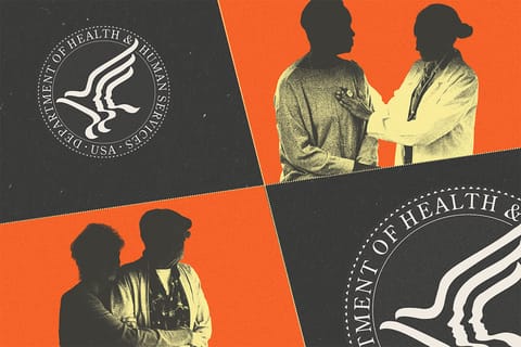 Collage of cuts and shapes containing the HHS logo, a doctor and a patient, and an older couple embracing.