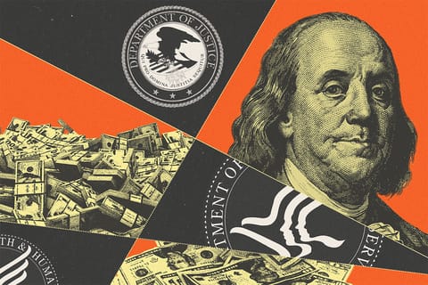 Collage of cuts and shapes containing an etching of Benjamin Franklin, money, and the HHS and DOJ logos.