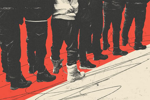 Collage of immigrants standing in line, focusing on their shackled feet, with vibrant shapes and scribbles.