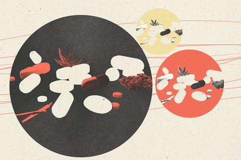 Collage of three differently sized circles with pills and marijuana inside.