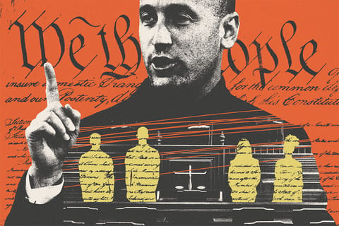 Collage of White House Deputy Chief of Staff for Policy Stephen Miller raising a finger, a shadowy courtroom, silhouettes of people, scribbles, and the Constitution.