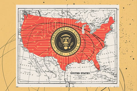 Collage of a U.S. map, the U.S. presidential seal, and a circuit board around the seal.