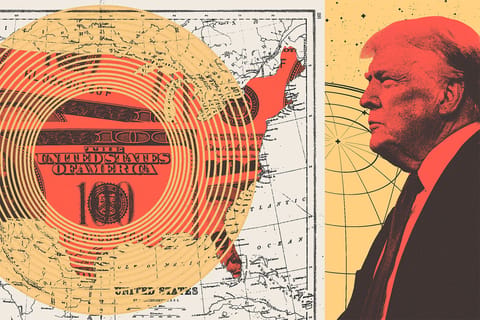 Collage of U.S. President Donald Trump. and a U.S. map with money and concentric circles over it.