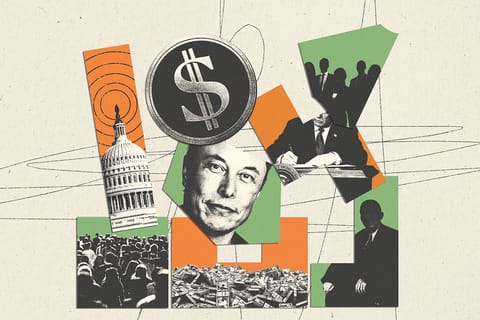 Collage of angular puzzle pieces that contain photos of the Capitol building, a crowd of people, money, a judge, and U.S. President Donald Trump signing an executive order. A second layer of shapes of the DOGE seal, Elon Musk, and obscured employees don't align with the puzzle pieces.