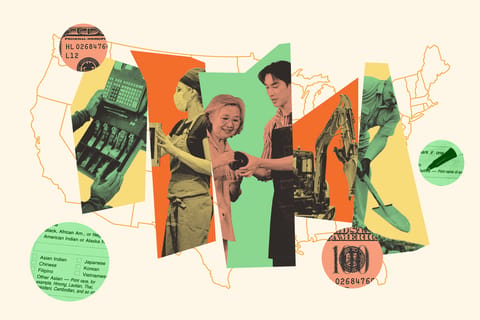 Collage of a cash register, a woman with a face mask, an older woman holding a bowl and a younger store staff assisting, a backhoe, a man shoveling, a question on the census, money, and the outline of the U.S. map.
