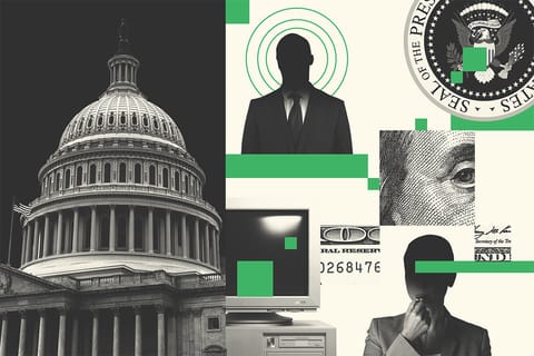 Collage of the Capitol building, an shadowy man in a business suit, the presidential seal, money, a computer, and an obscured woman blowing a whistle.