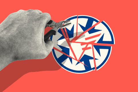 Photo collage. A hand holding pliers hovers ominously above the broken CIGIE logo against a vibrant red background.