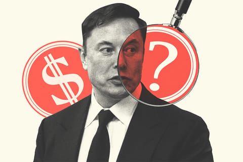 Collage of Elon Musk, the DOGE logo, a magnifying glass and a question mark.