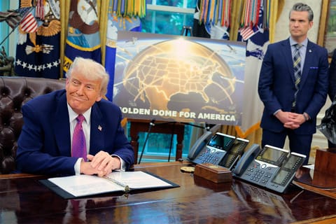 U.S. President Donald Trump speaks alongside Secretary of Defense Pete Hegseth in the Oval Office at the White House on May 20, 2025 in Washington, DC.