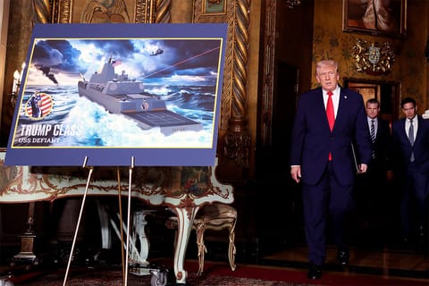 U.S. President Donald Trump, joined by Secretary of War Pete Hegseth and Secretary of State Marco Rubio, arrives to announce the creation of the “Trump-class” battleship during a statement to the media at Trump’s Mar-a-Lago estate.