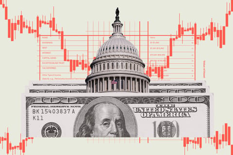Collage of the U.S. Capitol building, hundred dollar bills, stock chart lines, and a clipping of a financial disclosure form.
