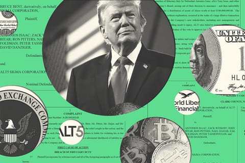 Collage of U.S. President Donald Trump, the SEC logo, cryptocurrency, the ALT5 logo, the WLF logo, and money.