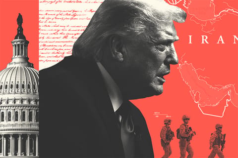 Collage of U.S. President Donald Trump, soldiers, Iran's map, the Capitol building, and the constitution.