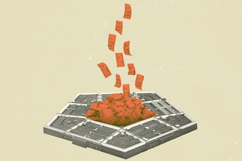 Collage of U.S. dollar bills being dropped into a pile in the middle of the Pentagon building